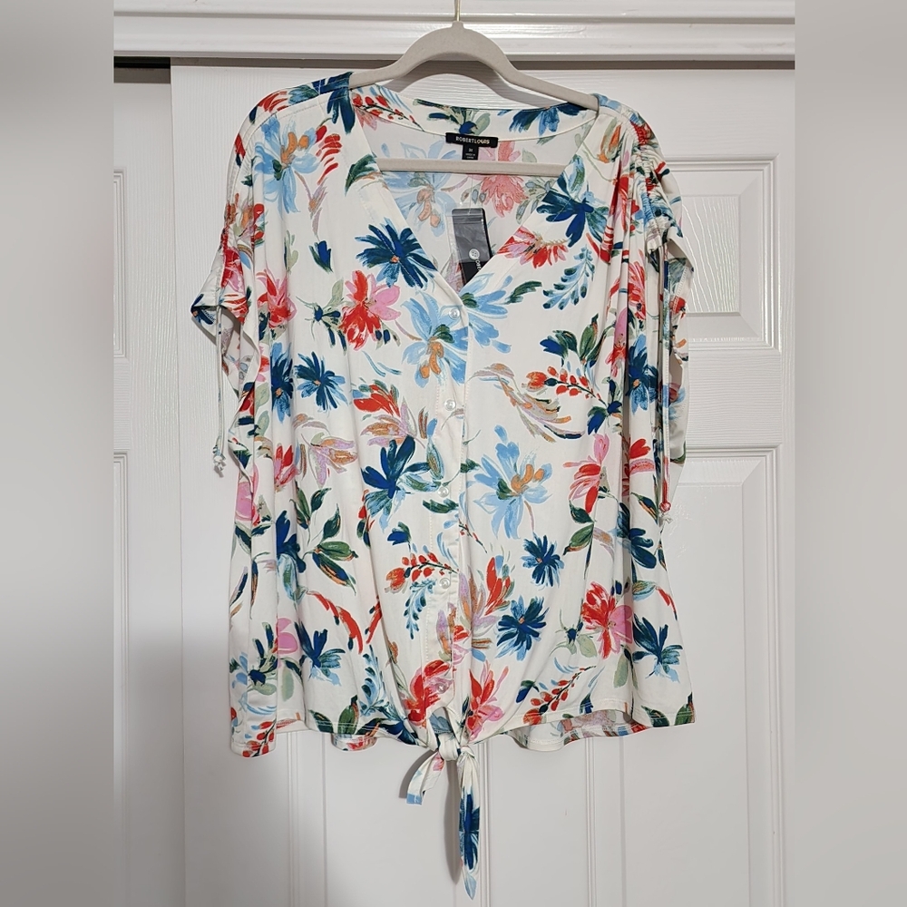 Robert Louis White Floral Tie-Front Blouse with Multicolor Blooms